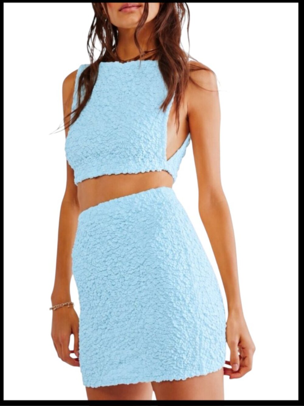 Free People Apple of My Eye Baby Blue Popcorn Knit Mini Skirt Set S
